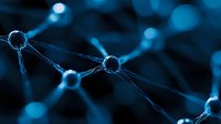 Glowing blue molecular structure with connected nodes and bokeh effect creates futuristic scientific background for technology and research concepts.