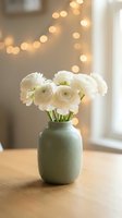 White ranunculus flowers in sage green ceramic vase on wooden table with warm bokeh lights creating cozy home interior atmosphere for spring decor.