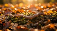 Earthworm crawling through autumn forest floor covered in fallen leaves and moss with warm golden sunlight creating bokeh background during seasonal change.