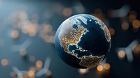Glowing Earth globe showing Americas with golden city lights against dark background with bokeh effect, global connectivity concept for business and travel.