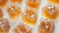 Amber-colored sugar cubes with crystallized texture and sea salt flakes on white surface, macro photography showing sweet and salty gourmet caramel candy details.