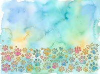 Watercolor gradient background transitioning from blue to green and yellow with colorful paw prints and hearts at bottom border, isolated on white for design projects.