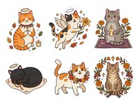 Cute cats in autumn theme with falling leaves, sitting poses, and seasonal decorations. Isolated clipart illustrations ready for t-shirts, stickers, greeting cards, and design projects.