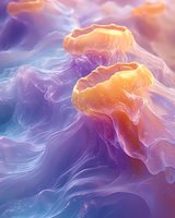 Ethereal jellyfish floating in purple-blue waters with glowing orange translucent bodies creating dreamy underwater atmosphere for nature and marine life designs.