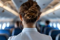 Flight attendant with elegant braided updo hairstyle shown from behind while working in airplane cabin with passengers seated in blue chairs during flight service.