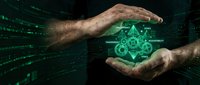 Hands holding a glowing green holographic AI ethics symbol with gears, transparency, accountability labels on dark digital background.