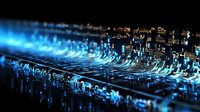 Futuristic digital wave pattern with glowing blue light streams flowing across dark circuit board background, representing data transmission and technology.