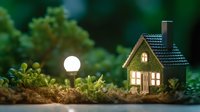 Miniature glowing house with garden lamp in magical evening scene against blurred green foliage background creates cozy fairy tale atmosphere.