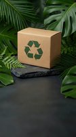 Eco-friendly cardboard shipping box with recycling symbol on slate surface surrounded by tropical green plants for sustainable packaging concepts.