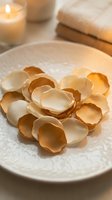 Broken eggshells arranged on white ceramic plate with warm candlelight creating cozy kitchen atmosphere for cooking and baking concepts.