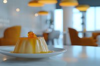 Elegant vanilla panna cotta dessert with caramel sauce and decorative garnish served on white plate in upscale restaurant dining room with warm ambient lighting.