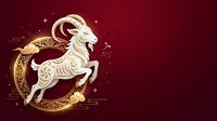 Aries zodiac sign symbol with golden ram illustration on deep red background with decorative circular frame and celestial elements for astrology and horoscope designs.