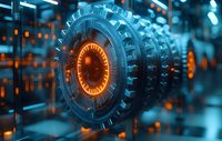 Glowing orange mechanical gear wheel with futuristic technological pattern background in blue tones, representing industrial automation and digital transformation process.
