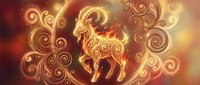Fiery golden ram with ornate swirls and flames on warm gradient background. Mythical creature design for zodiac, astrology, fantasy themes.