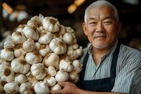 Senior Asian male farmer holding fresh organic garlic bulbs at local market, wearing striped apron and displaying harvest with proud smile, warm lighting.