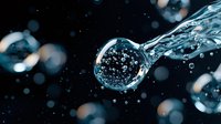 Macro photography of water drop with air bubbles inside against dark background with bokeh effect creating magical atmosphere and reflection.