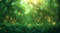 Magical green forest background with glowing bokeh lights and sparkles floating above fern leaves, perfect for fantasy or nature designs and dreamy compositions.