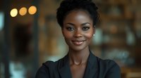 Young African American businesswoman with confident smile and professional attire against blurred office background with warm bokeh lighting effect.