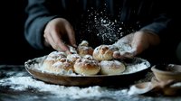 Fresh baked buns dusted with powdered sugar on dark rustic plate, hands sprinkling flour, moody food photography with dramatic lighting and flour splash.