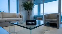 Modern luxury living room with glass coffee table displaying Follow Us text on screen, elegant interior with city view.