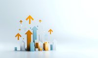 Growing business chart with upward arrows and city buildings showing financial success and urban development on light background. Suitable for finance presentations.
