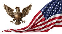 Bald eagle with shield and American flag waving on white background, isolated patriotic symbol for independence day designs, government, military, and national pride projects.