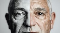 Split portrait of senior Caucasian man showing black and white versus color photo effect, highlighting aging, time passage and contrasting photography styles.