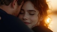 Young couple sharing intimate moment at sunset, with woman's curly hair backlit by golden hour sunlight. Soft focus romantic portrait captures tender emotional connection.