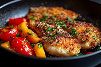 Pan-seared chicken breast with crispy seasoned crust, fresh herbs, and colorful bell peppers in black skillet, close-up view showing juicy texture and garnish.