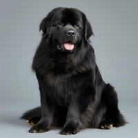 Majestic black Newfoundland dog sitting against gray background, showcasing thick fur coat and friendly expression with tongue out, perfect for pet care advertising.