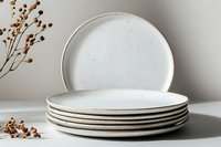 Stack of minimalist white ceramic dinner plates with speckled texture and raised rim on light background with dried botanical elements, modern tableware styling.