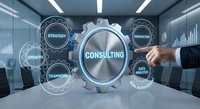 Business consulting concept with interconnected gears showing strategy, growth, teamwork, innovation and analysis in modern office environment.