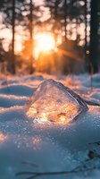 Sunlight shines through crystalline ice formation on snowy ground during golden hour, creating magical winter atmosphere with warm orange glow and bokeh effect.