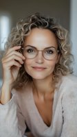 Professional blonde woman with curly hair wearing eyeglasses and beige sweater smiling confidently in modern office setting for business portrait.