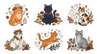 Cute cats with autumn leaves, pumpkins, and magical elements isolated on white background, ready for t-shirt designs, stickers, and clipart applications.