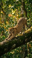 Jaguar stretching on tree branch in tropical rainforest with dappled sunlight filtering through green canopy creating natural wildlife habitat scene.