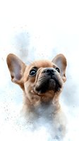 Adorable French Bulldog puppy portrait with big ears and expressive eyes against light blue background with artistic watercolor splash effect and soft bokeh.