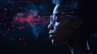 African American woman in profile wearing glasses with futuristic digital particles and light effects in dark blue and red tones, representing technology and innovation.