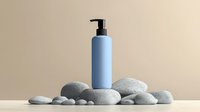 Minimalist spa composition with light blue cosmetic bottle on natural grey stones against beige background. Wellness and skincare concept.