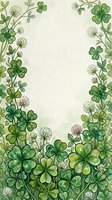 Watercolor clover border frame with shamrocks and wildflowers on textured paper background, copy space for text or greeting card design.
