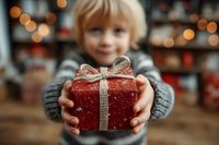 Young child with blonde hair holding red glittering gift box with silver ribbon against blurred festive background with bokeh lights.