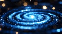 Luminous spiral galaxy with glowing blue particles and stardust against dark background, cosmic space exploration concept with bokeh light effects.