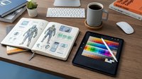 Organized workspace with design sketches, digital tablet, and creative tools on wooden desk for illustration and product development projects.