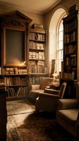Cozy vintage home library interior with antique bookshelves, leather armchairs, warm lamp light, and arched window casting golden sunlight on old books.