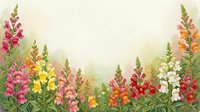 Colorful snapdragon flowers border frame with pink, yellow, orange, red and white blooms on soft watercolor background for spring garden design projects.