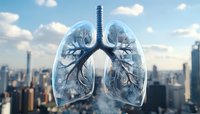 Transparent human lungs with bronchial tree structure floating over city skyline background with clouds, representing urban air pollution and respiratory health concept.