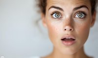 Young woman with natural freckles, bright blue eyes and nude makeup looking up with surprised expression against light background. Professional beauty portrait.
