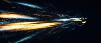Abstract light trails with golden and blue streaks creating dynamic motion effect against dark background for digital art and futuristic design projects.