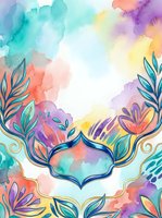 Colorful watercolor background with ornate floral frame, pastel teal, purple, coral and gold botanical border for cards and invitations.