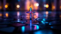 Glowing ornate cross with colorful stained glass pattern stands illuminated against dark background with bokeh lights creating spiritual atmosphere for religious designs.